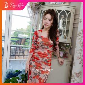 K161 : เดรสยาวคอเหลี่ยมแขนยาวพิมพ์ลาย