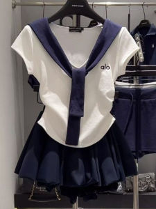 Casual CollegeStyle Checkered VNeck MockTWOPIECE Jumper And Flounce Skirt SetShort Sleeve SlimmingEffect Yellow And Red ColorBlock