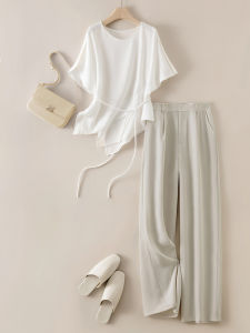French Luxurious Fashionable Set Women Summer 2025 Irregular Short Sleeve T-Shirt Blouse Wide Leg Pants Two Piece Set