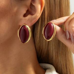 KunJoe 1 Pair Vintage Resin Acrylic Oval Stud Earrings for Women Trendy Gold Color Geometric Earrings Fashion Jewelry Accessory