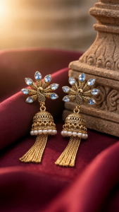 [SG] Mayura Royale Gold Jhumka Earrings | Antique Gold Peacock Crystal Tassel Earrings | Traditional Indian Jewellery | Saree Lehenga Anarkali Festive Wear | ear me out (EMO-379)