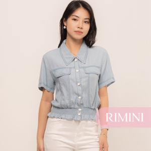 RIMINI - Atasan Denim Wanita Berlengan Pendek Ruffle Shirt Size XS-XL - Rhenata Top CC20052