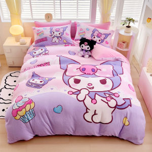Sanrio Thickened Milk Velvet Bedding Set Cartoon KT Cat Fleece Three-Piece Autumn Winter Warm Pink for Girls 1.5m Bedding Set