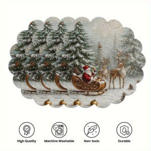 VIKAMA Xmas Poinsettia Evergreen Wreath Placemat Hoa Đỏ Holly Leaf Berry Lá Trải Bàn Lễ Hội Viền Sò Điệp Phông Nền Màu Trắng