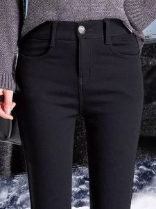 Tight Fitting Womens Autumn Winter High Waist Small Size Black Thin Fleece Pencil Slim Leggings Casual Knitted Pants