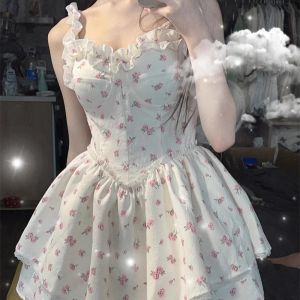 Sisi Sauce Super-Fairy Floral Princess Dress Waist-Tight Slim Looking Lace French Lace Ballet Style Dress Pettiskirt Summer