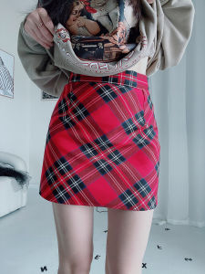 High Waist Plaid Mini Skirt Womens Spring Autumn New Korean Version Red Diamond Small Size Wrap Short Skirt A-Line Skirt