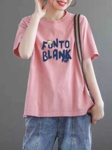 ฤดูร้อนพิมพ์ผ้าฝ้ายเสื้อยืดผู้หญิงแขนสั้น หลวม ป้ายถอดออกสไตล์ญี่ปุ่นผ้าฝ้ายเดินทางแฟชั่น