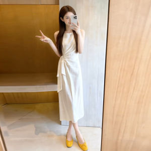 Karrar betsey | French Style Back-Tie White Dress Sleeveless Waist-Cinching Slimming Gentle Maxi