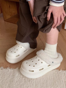 Street Style Womens Flat Sandals Increased Height Hole Shoes Winter Outdoor Wear Warm Cotton Slippers Casual Low Heel