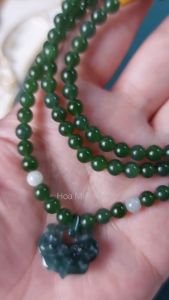 Vòng chuỗi 108 hạt Ngọc Bích Nephrite size 5 li phối Charm Khoá Trường Mệnh Lam Ngọc phong thủy bình an tài lộc | Hoa Minh Gem