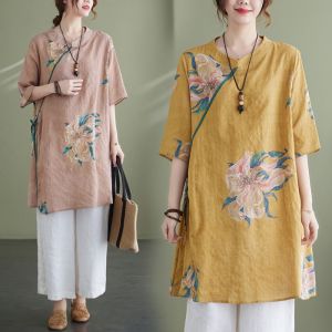 New Chinese Style Loose Fit Printed Cotton Linen Shirt Womens Summer Fashion Commute Short Sleeve Tea Ceremony Costume