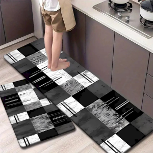 VIKAMA Geometric Plaid Kitchen Rug SetNon Slip Oil Absorb Washable Anti Fatigue MatB&W Modern Hall Entry Decor Floor Carpet