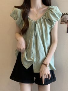 Mint Manches Green V-Neck Chiffon Short-Sleeve Shirt for Women Plus Size BBQ Moleskin Doll Top Loose Fit K-style Work Clothing