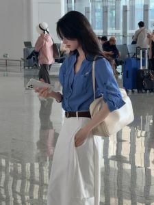 LIRUSHAN | Commuting Blue Shirt and Pants Set Women 2026 Summer Fashion