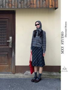 Ma Xiaoye Korean Style New Style-Dark Blue Plaid Skirt Womens Retro Easy Matching Stylish A- line Skirt Preppy Style Dress