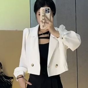 Elegant Black High Waist Suit Set for Women Long Sleeve Short Coat And Harlan Pants Two Piece Set Fashionable Spring Autumn