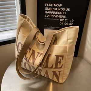 Large Capacity Canvas Shoulder Bag Casual Versatile Letter Print Shopping Tote Bag for Women Ideal for Commuting And Shopping