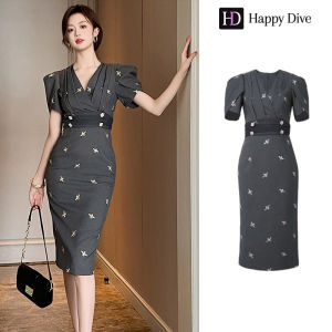 Happy Diva เดรสผู้หญิง เดรสสีเทา เดรสสูท เดรสแขนพอง เดรสทำงาน เดรสไฮโซ เดรสวินเทจ เดรสออกงาน เดรสปาร์ตี้ ชุดราตรี 50915