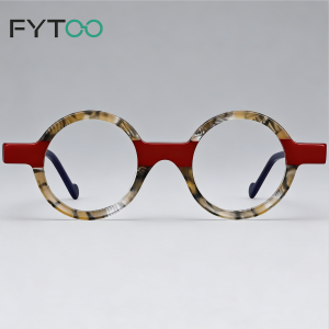 FYTOO Retro Round Acetate Eyeglasses Frame – Bold Red & Blue Tortoise Shell Fashionable Optical Eyewear 2168-03
