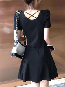 Summer New Pure Cotton Backless Short Sleeve Dress Womens Versatile Waist Cinching Little Black Dress Summer Fresh A-Line Skirt