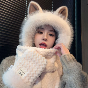 2025 Winter Fox Hat Womens Scarf Integrated Warm Cute Neck Warmer Gloves Three-piece Set Sweet Lovely Style Non-adjustable Youth
