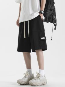 กางเกงขาสั้นทรงหลวมสไตล์อเมริกันสำหรับผู้ชาย กางเกงขายาวทรงตรงสีดำ กางเกงขายาวลำลอง 5 นิ้ว ทรงหลวม กางเกงขายาวลำลอง