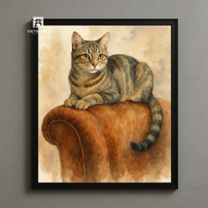 Tranh Nghệ thuật "Mèo Ngồi Trên Ghế Sô Pha" VIETSMART ART - Lụa 60 x 70cm