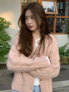 Lazy Gentle Pink Cable Stitch Niche Style Sweater Outwear Female Fall and Winter Korean Style Loose Soft Glutinous Knitted Cardigan Top