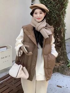 Womens Loose Fit down Cotton Vest Autumn Winter New Style Adjustable Waist Belt Design Slimming Loose Stand Collar Shoulder Pad Jacket