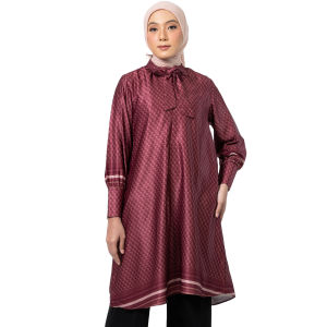 Elzatta Baju Atasan Kemeja Tunik Wanita Satin Motif Monogram Elegant Cocok Untuk Kerja Tunik Tali Monogram