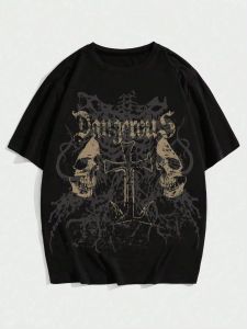 Fashionable mens new skull print micro elastic soft and breathable round neck T-shirt outdoor urban high street top