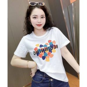 เสื้อยืดแขนสั้นผ้าฝ้ายแฟชั่นสําหรับผู้หญิงสไตล์ฤดูร้อนพิมพ์ลายหัวใจเสื้อลดความอ้วนดีไซน์ใหม่เสื้อผ้าทํางานลําลอง