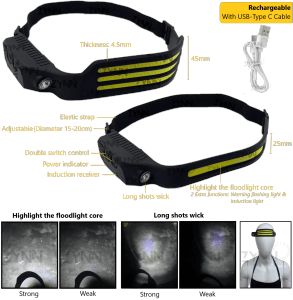 [SG STOCK] HEADLAMP LED LIGHT BAR WAVE INDUCTION RECHARGEABLE USB-TYPE C Adjustable Elastic Strap