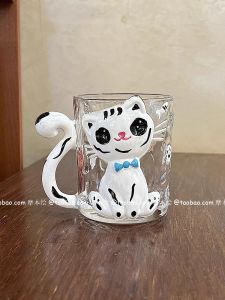 Creative Hand-Painted Embossed Glass Cup with Handle Cat Design High Aesthetic Value Couple Cup Home Use Birthday Gift