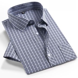 Ice Silk Fabric Summer New Style Loose Casual Thin Dad Shirt Short Sleeve Blue White Grid Middle-aged Mens Fashionable Casual Shirt