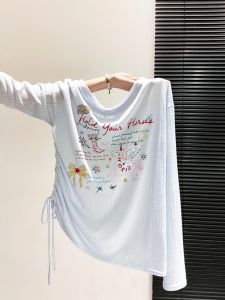 Blue Print Sun Protection Ruffled Waist Loose Slim T-Shirt