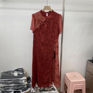 Elegant High Waist Knee-Length Midi Dress Short Sleeve Chiffon Splicing Button New Chinese Style Qipao Summer New Arrival