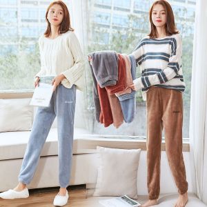 Fairies Warm Coral Fleece Home Pants Womens Base Layer Pants Casual Comfortable Winter Nine Points Polyester Fiber Jumpsuits