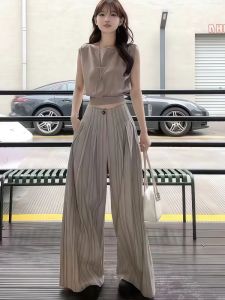 VKSOD | Vintage Feel Sleeveless Waist-Cinched Top Womens Summer 2025 Fashionable Striped Wide Leg Pants Two-Piece Set Long Pants Round Neck