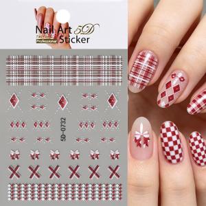 1Pcs 5D Embossed Red White Plaid Bow Nail Stickers Diamond Checkered Self-Adhesive Nails Sliders for Daily Sweet Manicure Slider