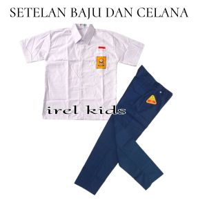 SETELAN SERAGAM SEKOLAH SMP BIRU PUTIH LAKI LAKI BAJU PENDEK CELANA PANJANG LENGKAP