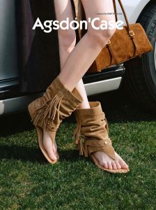 Agsdon | Tassel Gladiatorial Peep Toe Summer Western Style Ruffle Stack Boot Sandals