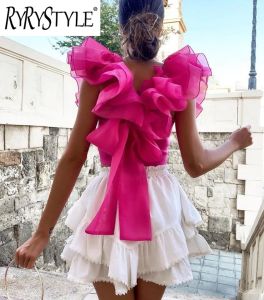 Women Ruffled organza sleeve Bow Tank Tops Summer New Square collar Knitted Slim Female crop tops Party club NKEO 9T 185