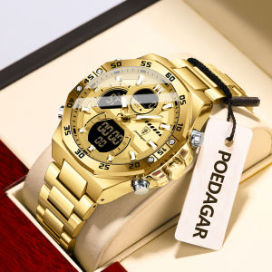 POEDAGAR Trendy Men Quartz Clock Week Date Stainless Steel Man Watch Waterproof LED Electronic Digital Sport Mens Watches Reloj