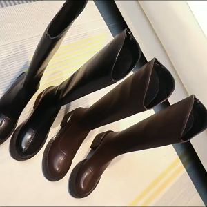 Size 35-40 Womens Fashion Leather Knight Shoes Black Knee Boots Thick Heel Long Boots(Add 1 Size)