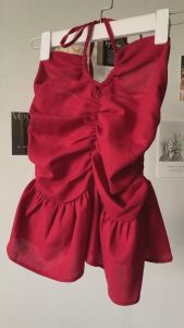 4 màu Linen mềm Áo peplum cổ yếm dây cột ngực nhún lưng bo chun khoá kéo hông đuôi xoè tôn dáng gợi cảm RION TOP