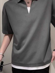 Loose V-Neck Ice Silk Vest Top Summer New Style Trendy Brand Mens Polo Shirt Large Size Youth Popular Pure Color Outerwear