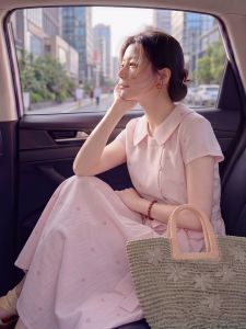 PAIBOLI | Stylish Pink Turn-down Collar Waist-receiving Bow Mid-length Womens Dress