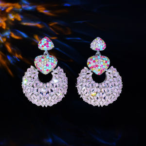 Sequito Cao Cấp tiệc cưới Cô Dâu Phụ Kiện Micro Pave Thiết Nhiều Màu AAAA đá Cubic Zirconia hình trái tim rỗng Dangle Thả Dài mạ bạc Bông Tai Se1010
